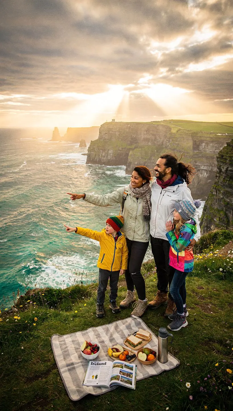Parents and children walking along a picturesque coastal path, with accessible benches for rest stops.