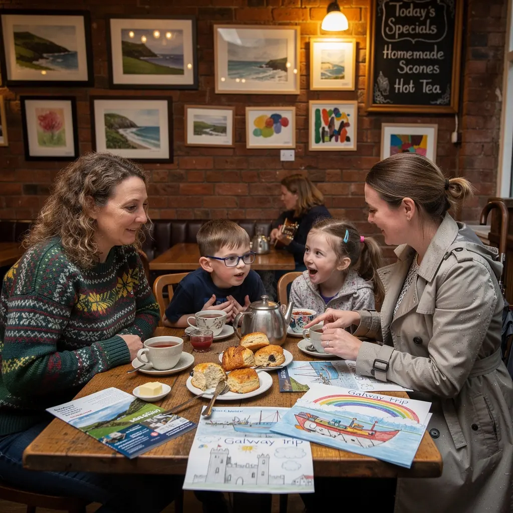 A group of travelers visiting a historic castle in Ireland, discussing accessible routes for all ages.