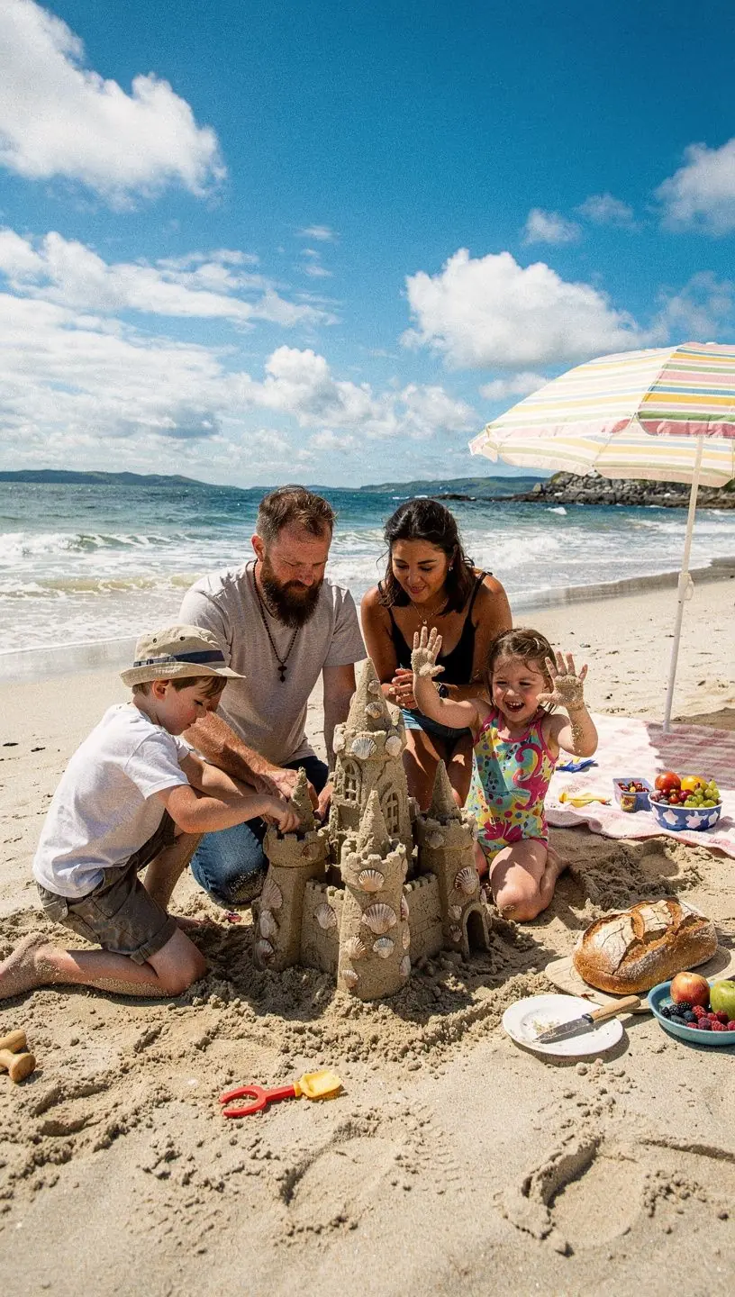A family enjoying a scenic view of the Cliffs of Moher, with children exploring the surroundings.
